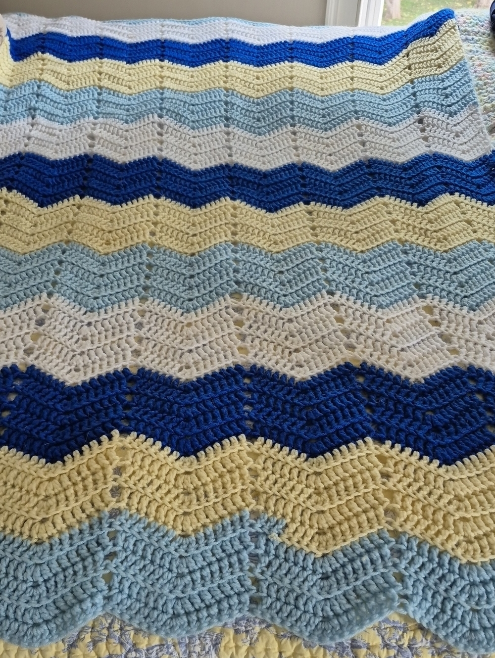 Handmade Crochet Chevron Throw Blanket - Blue, Light Blue, Yellow, White